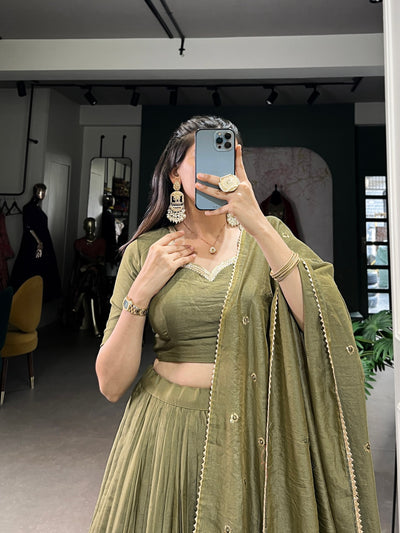 Olive Green Pure Chanderi Zari Weaving Lehenga Set – A Fusion of Elegance & Tradition ✨