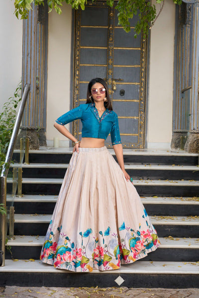 Beige & Teal Tussar Silk Lehenga Set – A Regal Affair of Elegance & Artistry ✨💙