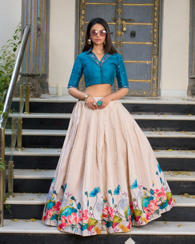 Beige & Teal Tussar Silk Lehenga Set – A Regal Affair of Elegance & Artistry ✨💙