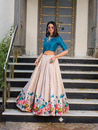 Beige & Teal Tussar Silk Lehenga Set – A Regal Affair of Elegance & Artistry ✨💙