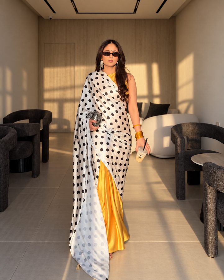 Ivory Black Polka Dot Satin Saree with Contrast Golden Draping & Attached Blouse Piece