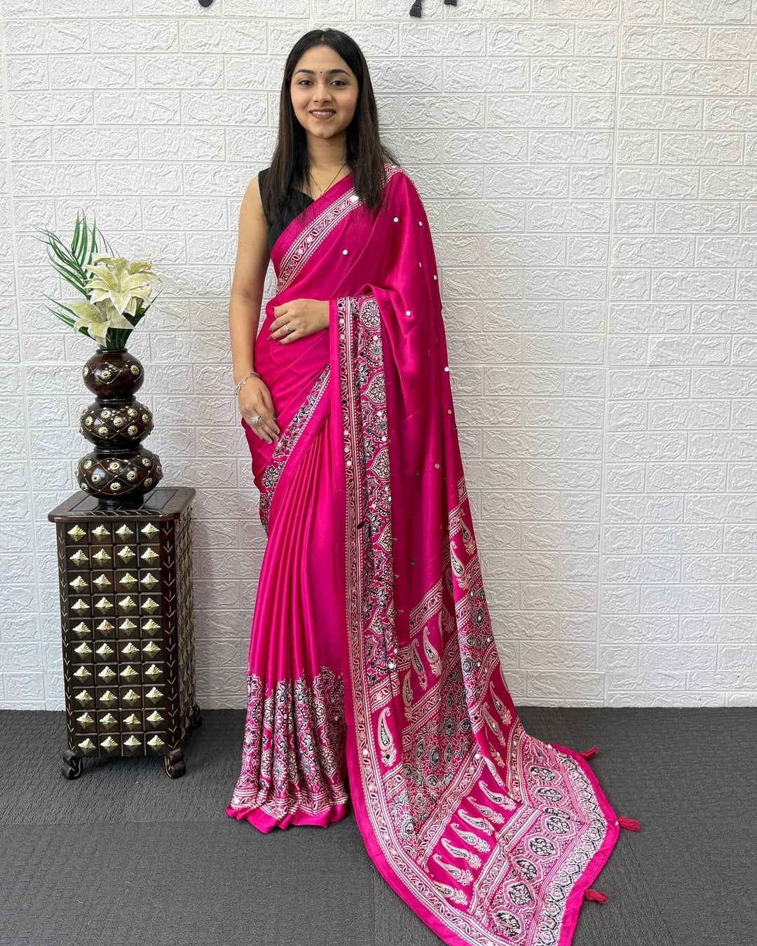 Ajrakh Chinnon Printed Saree with Tassel Detailing & Attached Blouse (No Mirror Work)