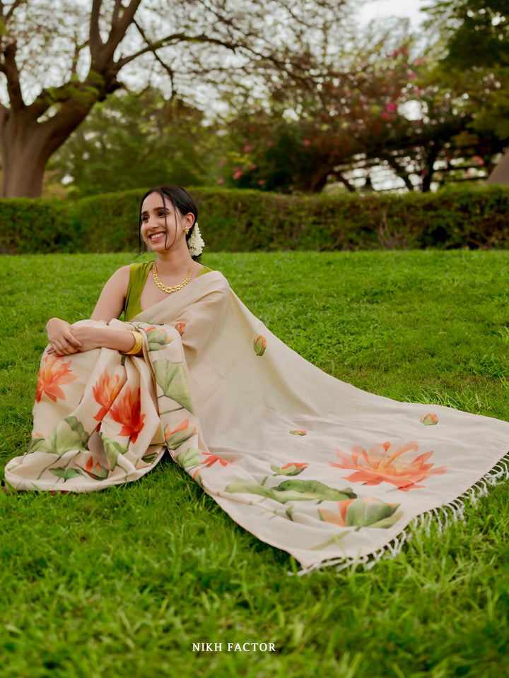 Royal Kasavu Lotus Print Saree with Shimmer Zari Weave, Statement Pallu & Tassels on Edges, Comes With Attached Blouse Piece