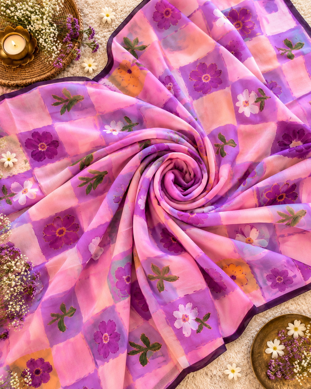 Lavender Pink Chinnon Saree with Artistic Floral Check Print & Attached Blouse Piece
