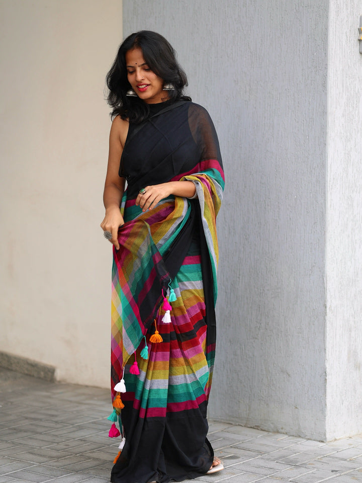 Black Mul Cotton Saree with Multicolour Striped Checkered Pallu, Tassel Edges & Attached Blouse Piece
