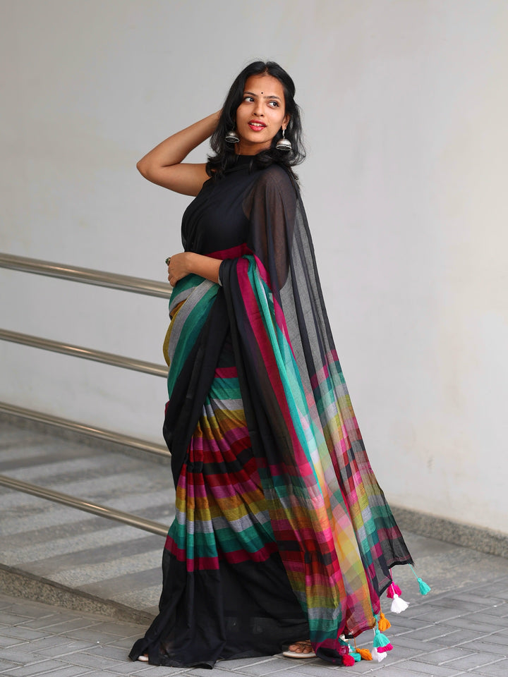 Black Mul Cotton Saree with Multicolour Striped Checkered Pallu, Tassel Edges & Attached Blouse Piece