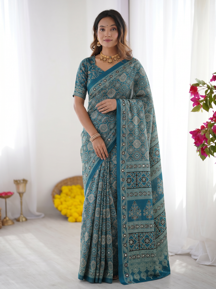 Ajrakh Chinnon Printed Saree with Tassel Detailing & Attached Blouse (No Mirror Work)