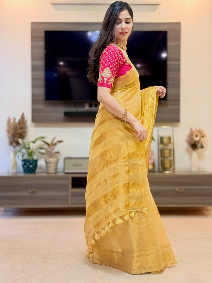 Royal Gold Kasavu Saree with Shimmer Zari Weave, Statement Pallu & Tassels on Edges, Comes With Attached Blouse Piece