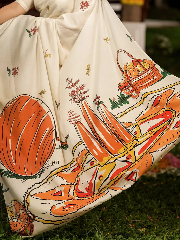 Onam Special Off White Mul Cotton Saree with Kerala Festive Illustration Print & Running Blouse