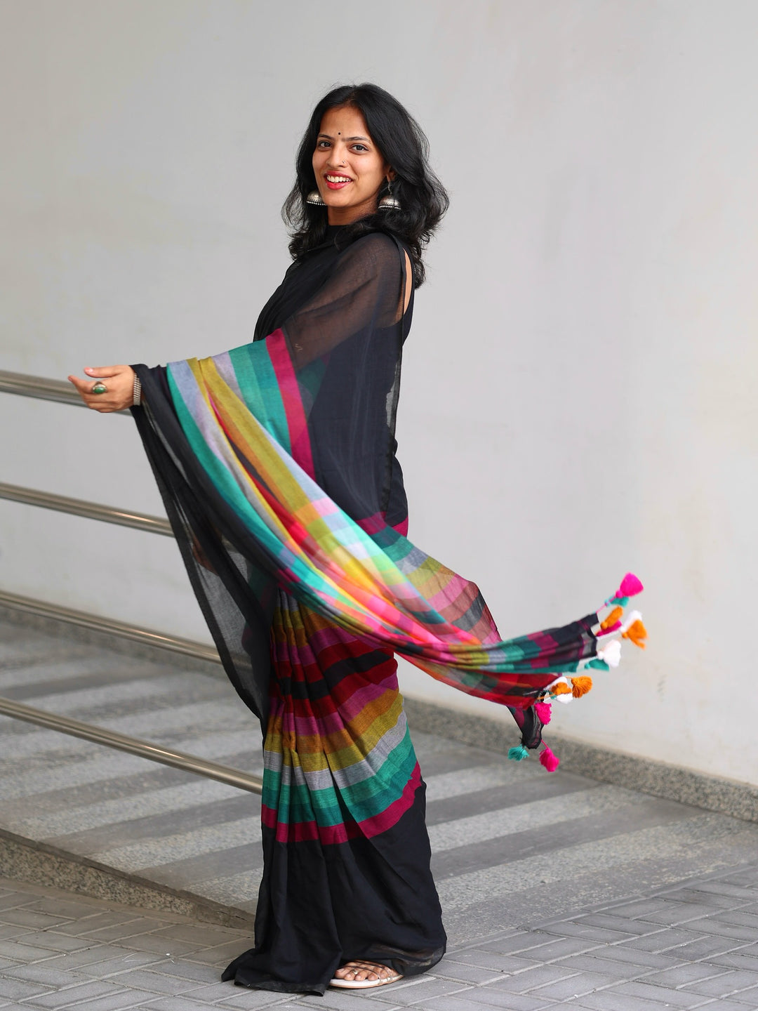 Black Mul Cotton Saree with Multicolour Striped Checkered Pallu, Tassel Edges & Attached Blouse Piece