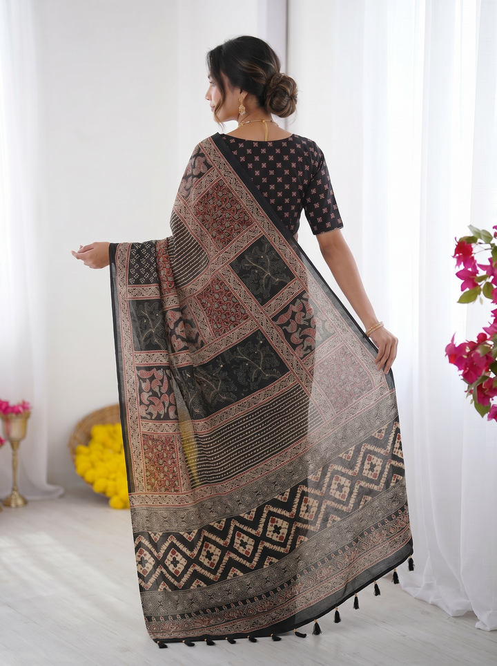 Ajrakh Chinnon Printed Saree with Tassel Detailing & Attached Blouse (No Mirror Work)
