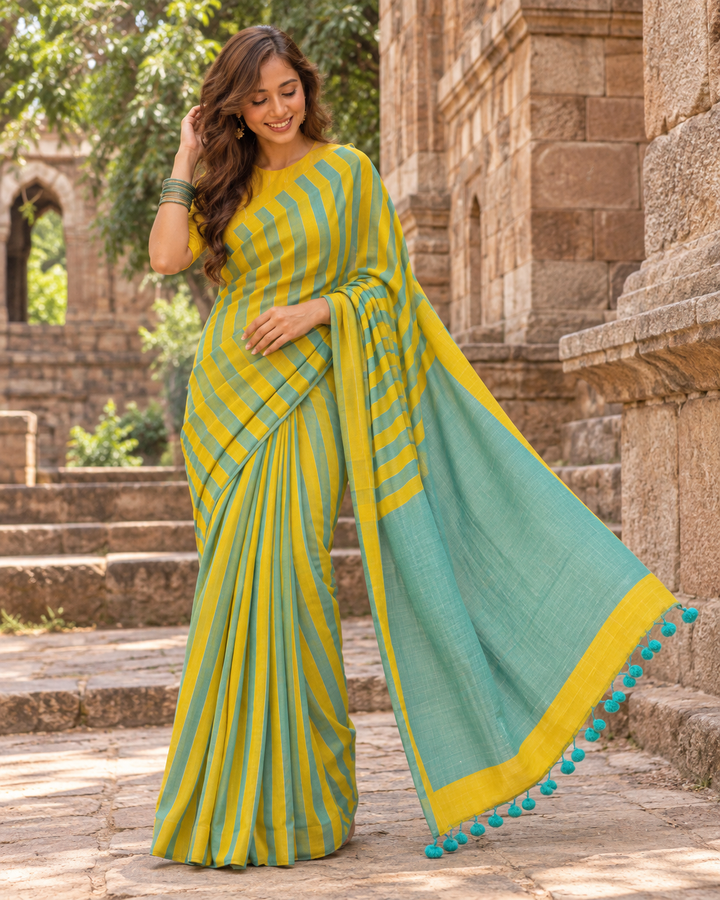 Handloom Erode Shimmer Saree with Dual-Tone Stripes, Contrast Pallu & Tassels