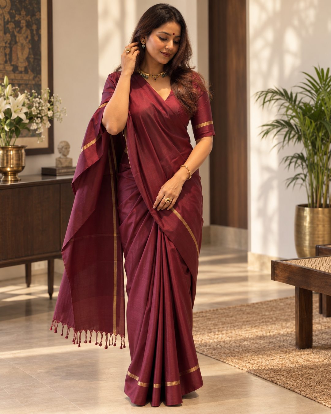 Royal Wine Pure Kanjivaram Silk Saree with Traditional Zari Weave & Attached Blouse Piece