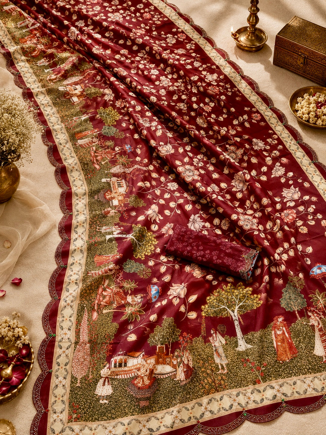 Wine Maroon Modal Silk Saree with Floral Jaal Print, Royal Garden Heritage Pallu & Scalloped Embellished Border