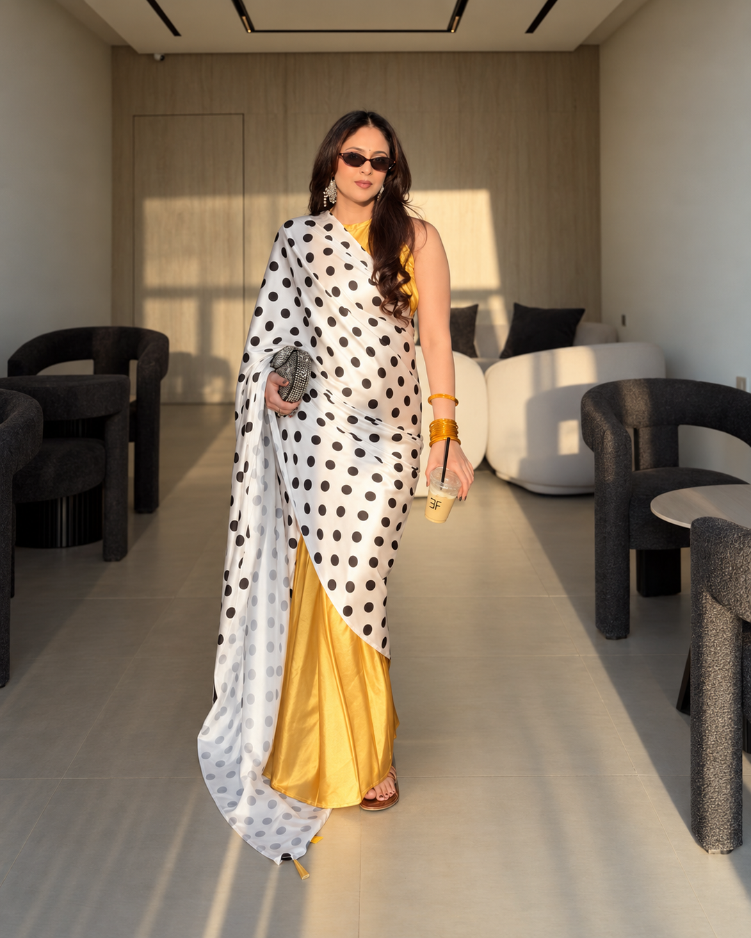 Ivory Black Polka Dot Satin Saree with Contrast Golden Draping & Attached Blouse Piece