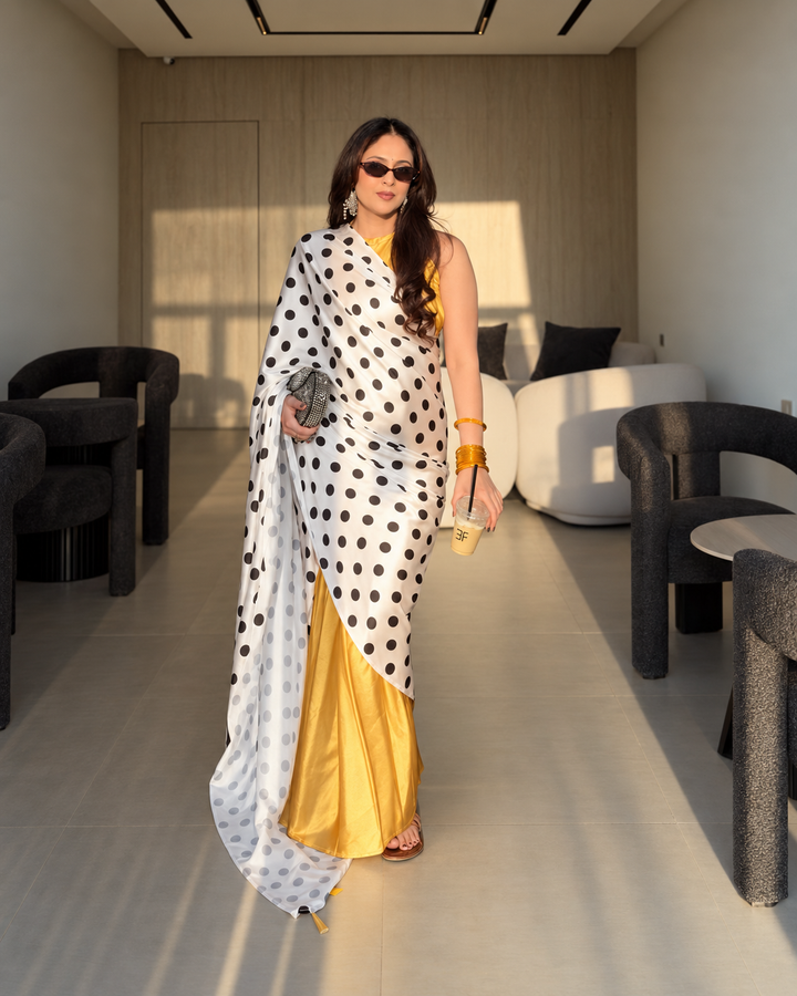 Ivory Black Polka Dot Satin Saree with Contrast Golden Draping & Attached Blouse Piece