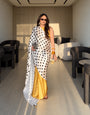 Ivory Black Polka Dot Satin Saree with Contrast Golden Draping & Attached Blouse Piece