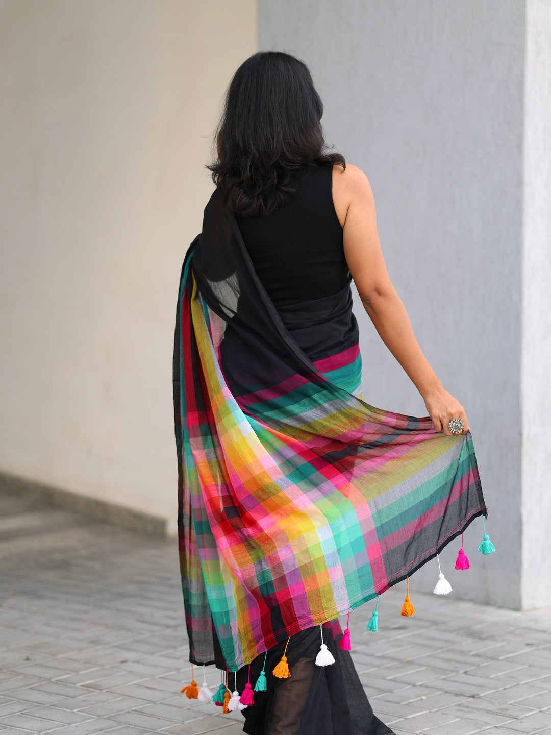 Black Mul Cotton Saree with Multicolour Striped Checkered Pallu, Tassel Edges & Attached Blouse Piece