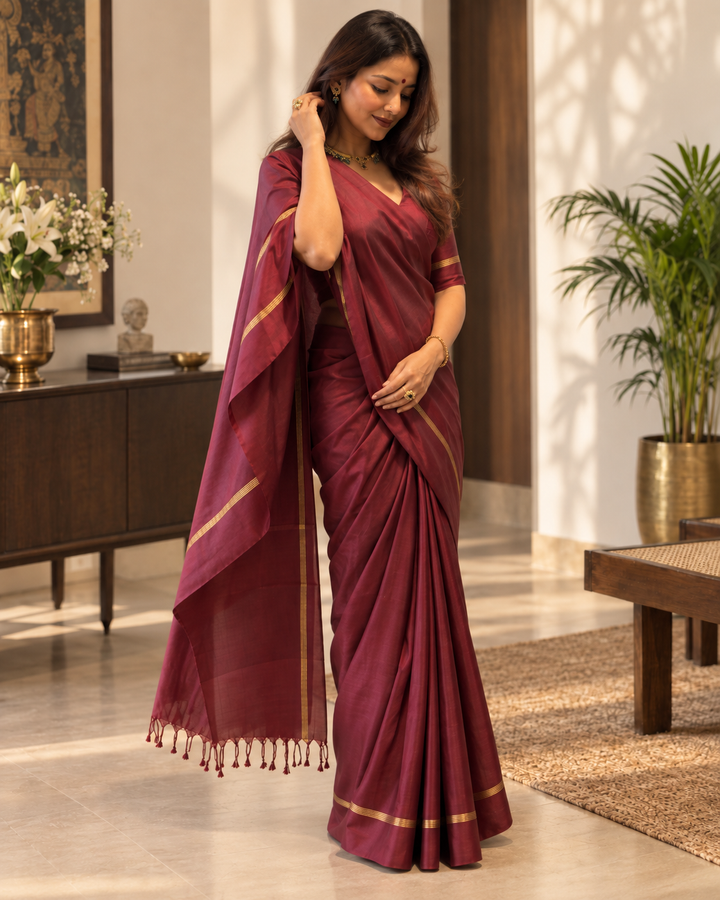Royal Wine Pure Kanjivaram Silk Saree with Traditional Zari Weave & Attached Blouse Piece