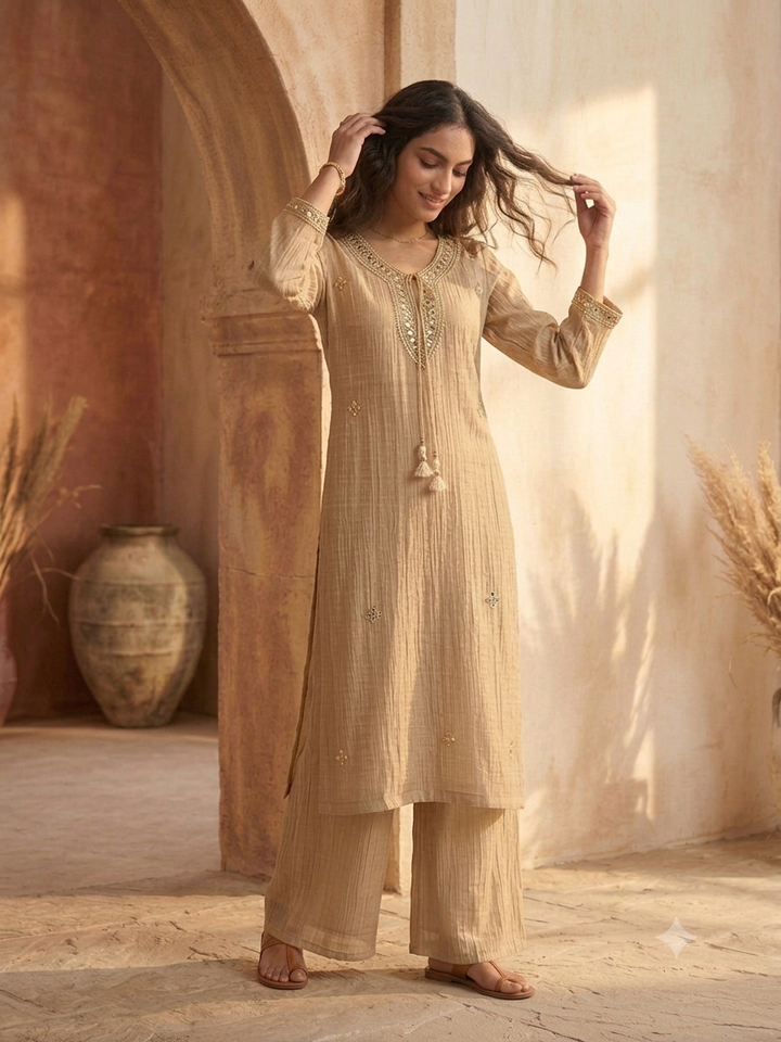 Handwork Necklace Neckline Crushed Organza Sharara Set in Salsa Beige