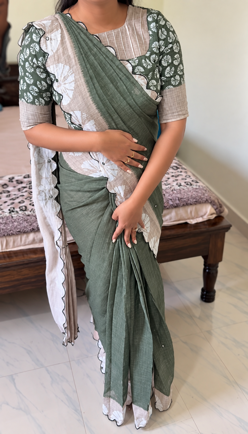 Olive Green & Beige Mul Cotton Saree with Floral Print, Mirror Work & Arco Scalloped Border