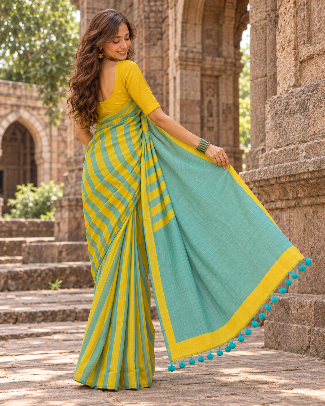 Handloom Erode Shimmer Saree with Dual-Tone Stripes, Contrast Pallu & Tassels