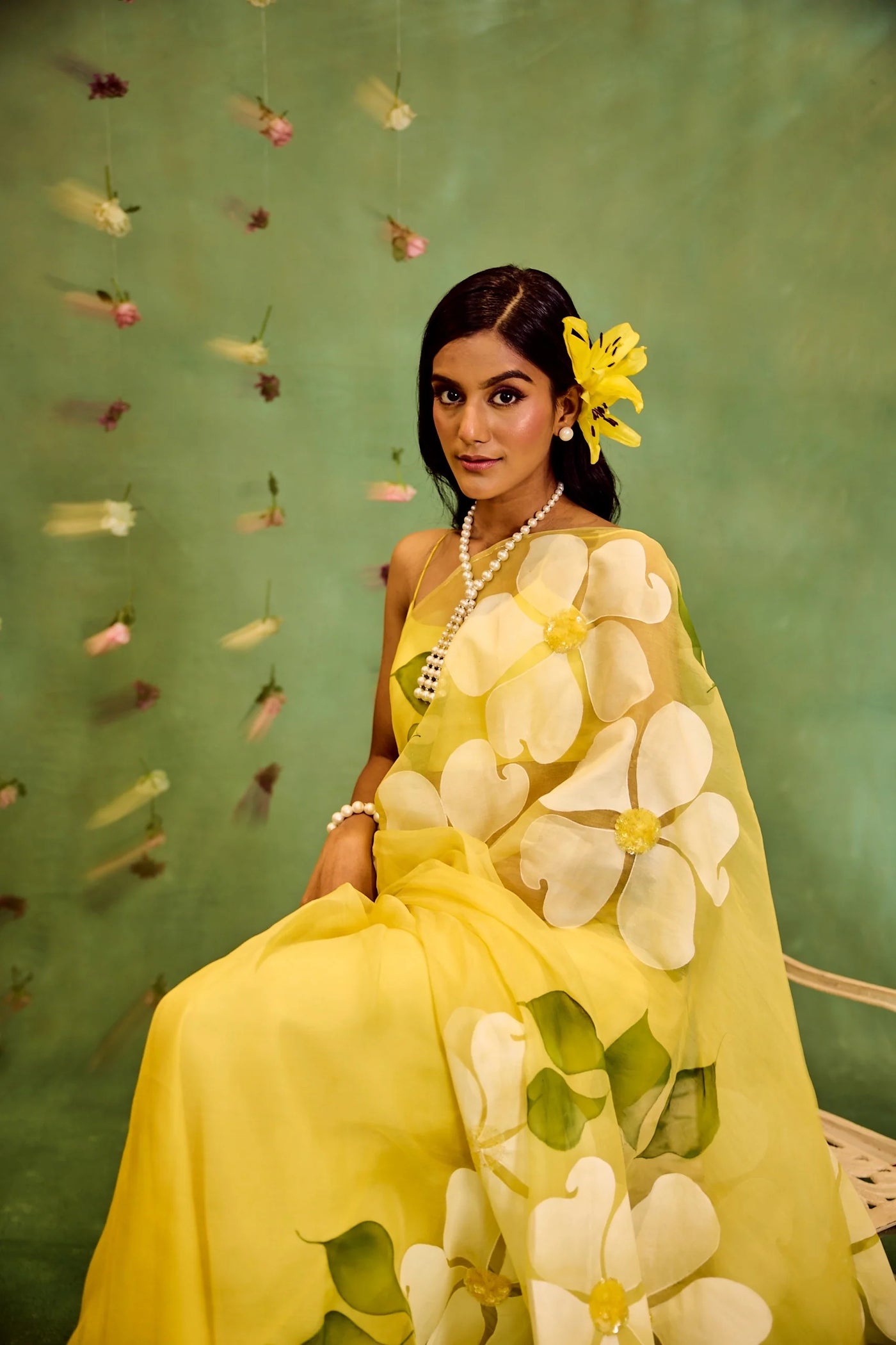 Bright Yellow Pure Organza Saree with Oversized Hand-Painted White Flowers & Sequin Detailing | Satin Blouse Included
