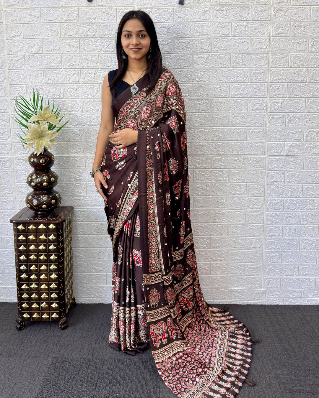 Chocolate Brown Modal Silk Saree with Elephant Motif Heritage Print & Designer Pallu | Traditional Festive Wear Saree