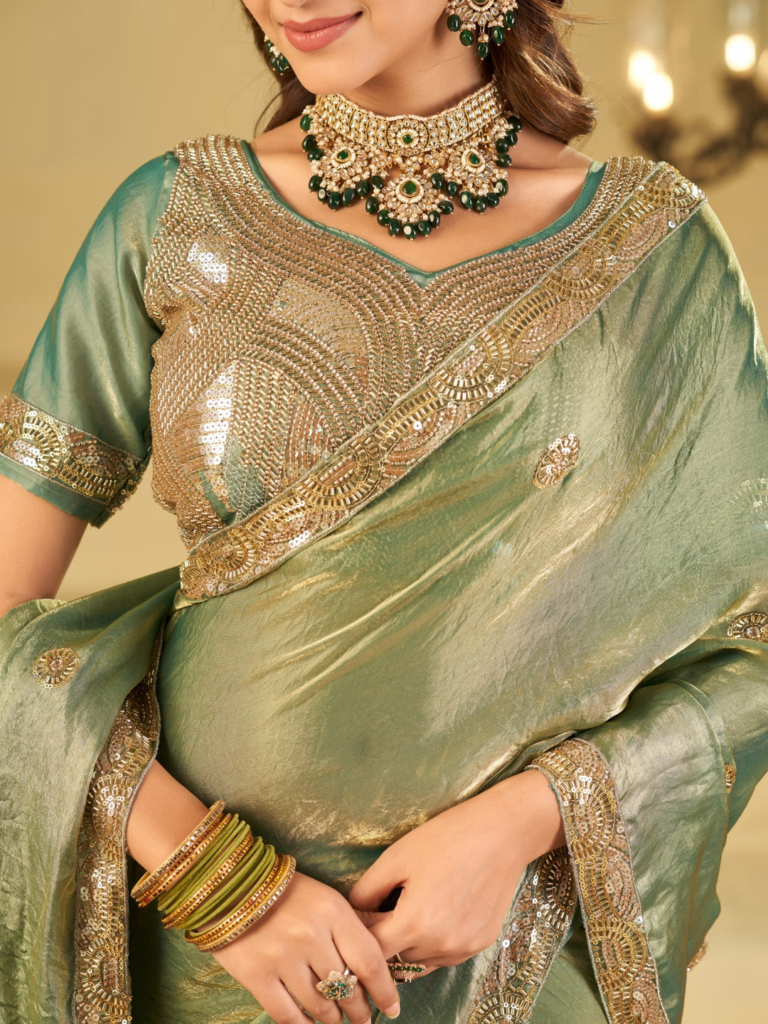 Sage Green Dual Tone Designer Fendy Satin Saree with Heavy Embroidered Blouse & Sequin Border | Premium Wedding Party Wear Saree