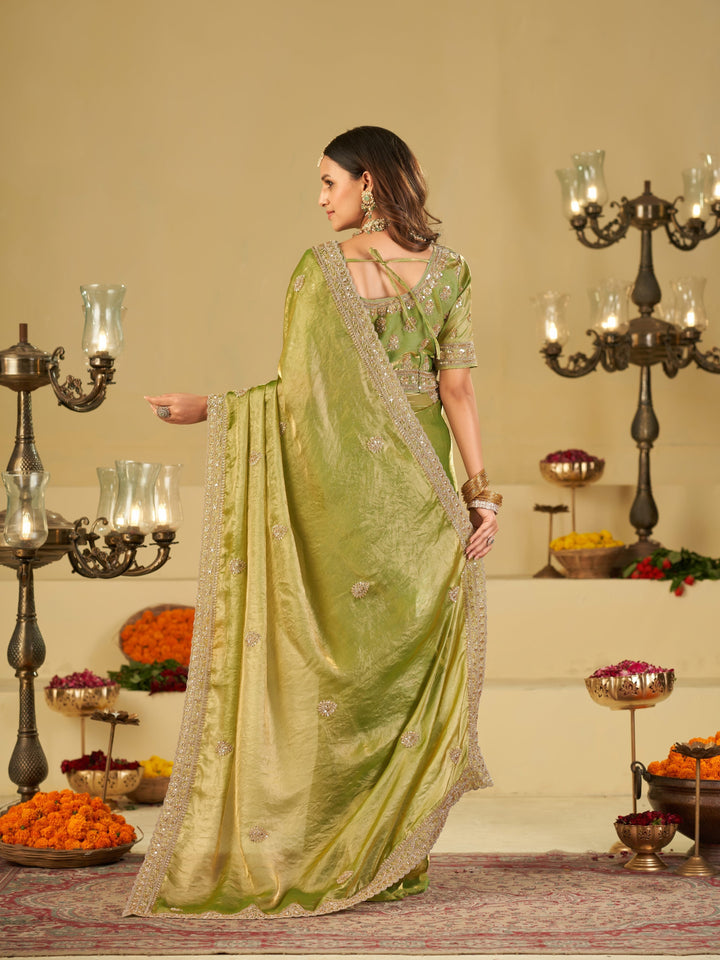 Pista Green Designer Fendy Satin Saree with Heavy Embroidered Blouse & Sequin Border | Premium Wedding Party Wear Saree
