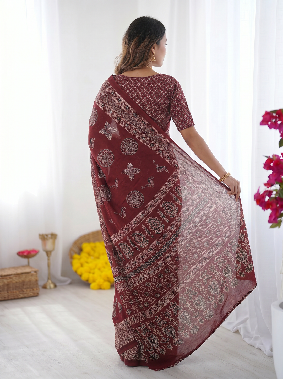 Ajrakh Chinnon Printed Saree with Tassel Detailing & Attached Blouse (No Mirror Work)