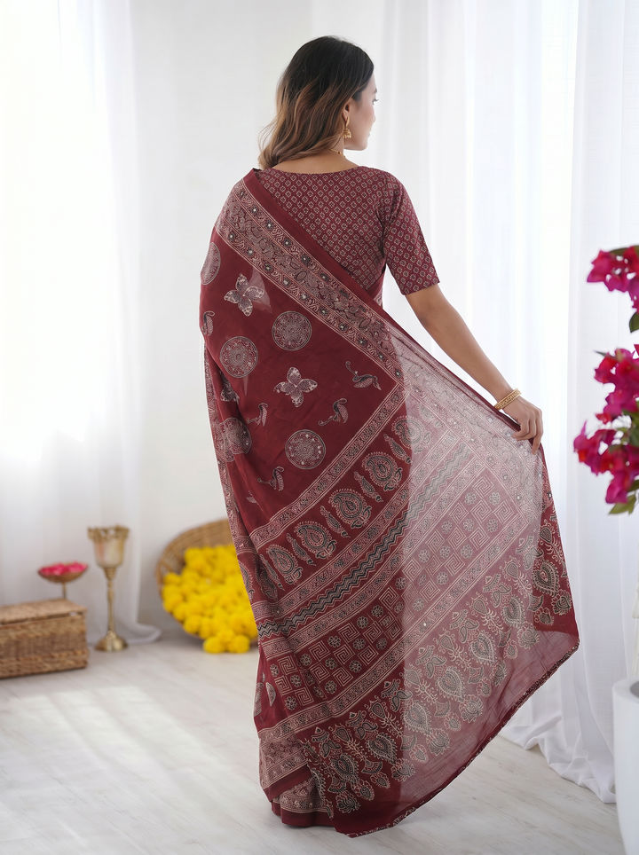 Ajrakh Chinnon Printed Saree with Tassel Detailing & Attached Blouse (No Mirror Work)