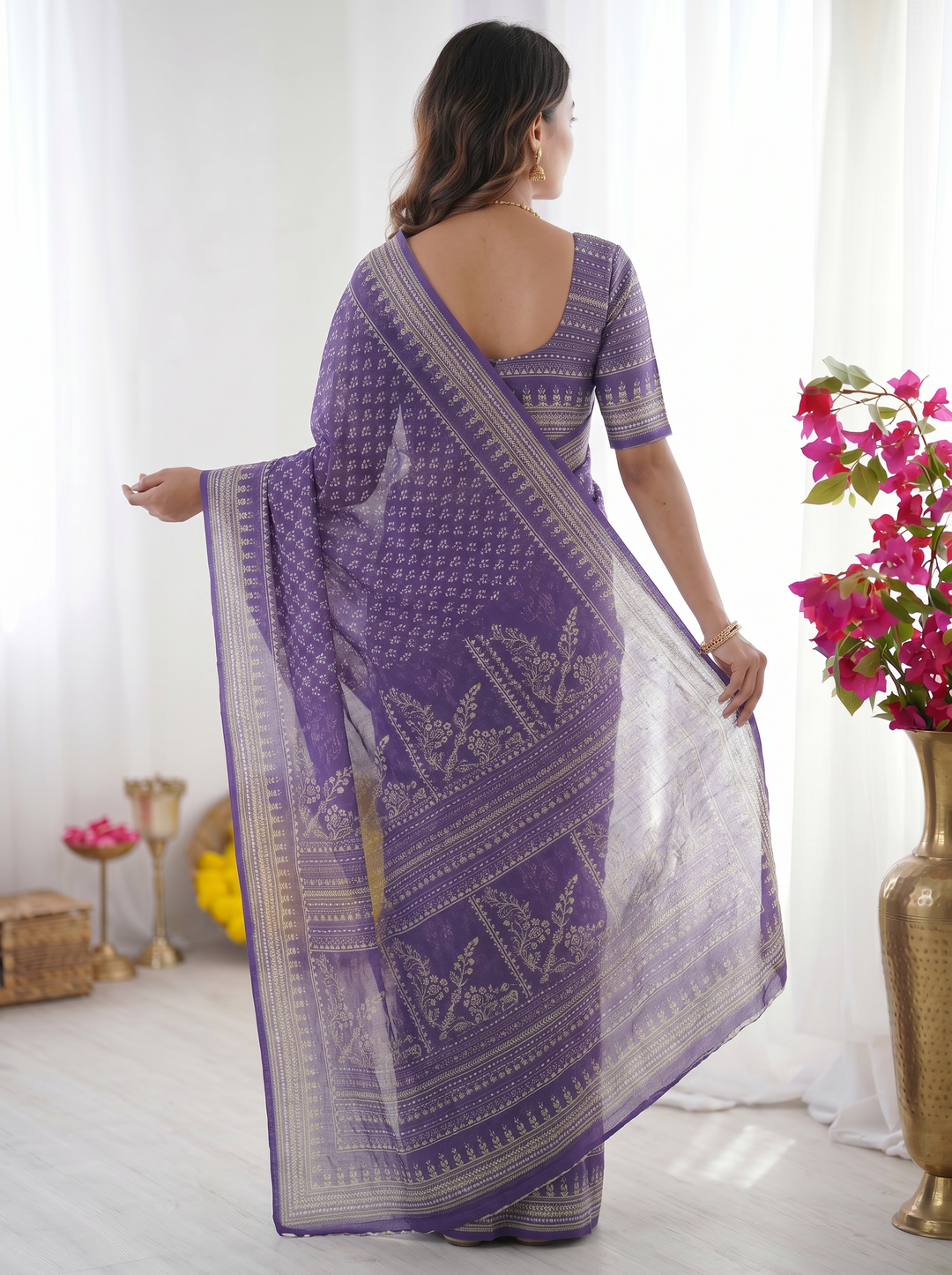 Ajrakh Chinnon Printed Saree with Tassel Detailing & Attached Blouse (No Mirror Work)