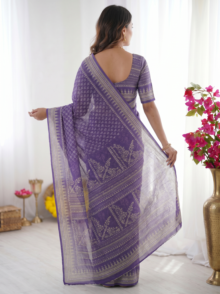 Ajrakh Chinnon Printed Saree with Tassel Detailing & Attached Blouse (No Mirror Work)