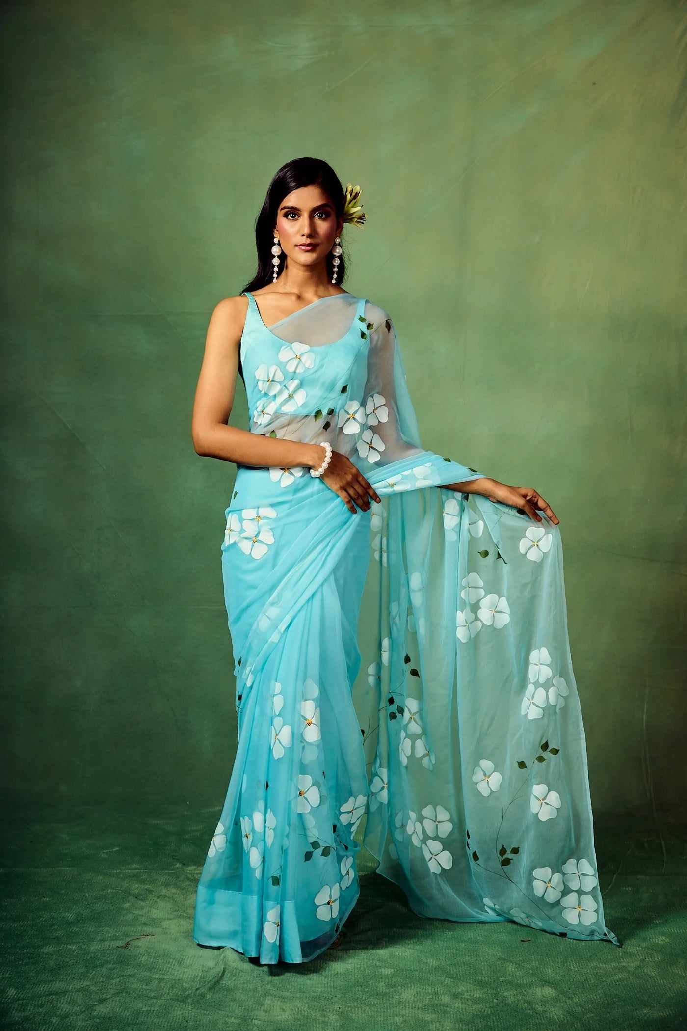 Sky Blue Organza Saree with Hand-Painted White Dogwood Flowers & Satin Blouse