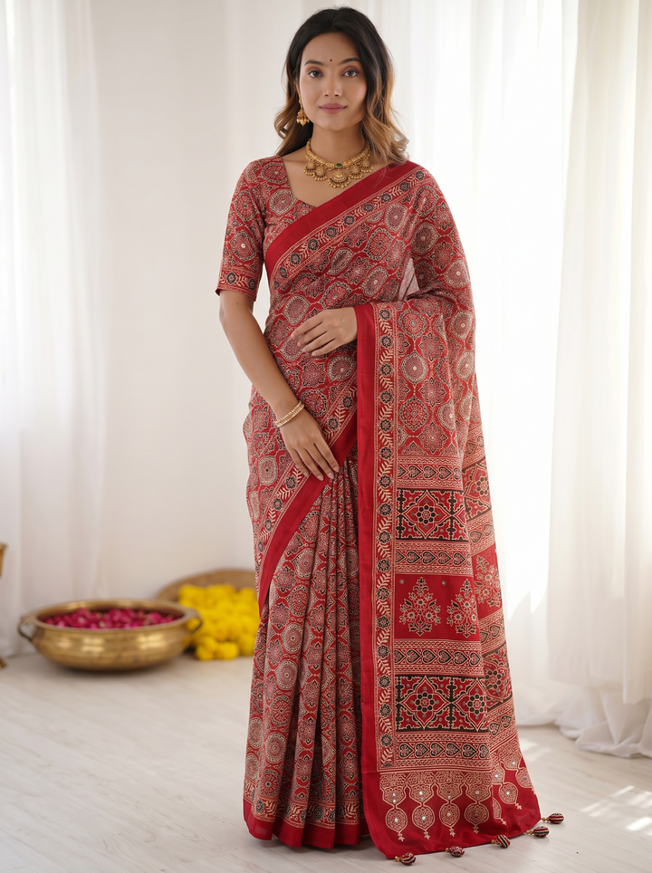 Ruby Red Pure Modal Silk Saree with Heritage Ajrakh Inspired Print & Traditional Designer Pallu