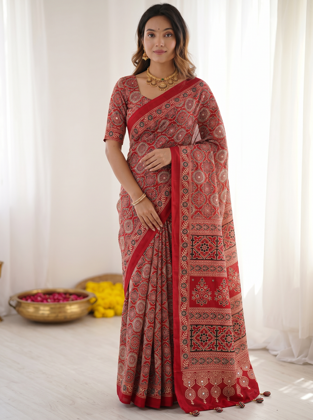 Ruby Red Pure Modal Silk Saree with Heritage Ajrakh Inspired Print & Traditional Designer Pallu