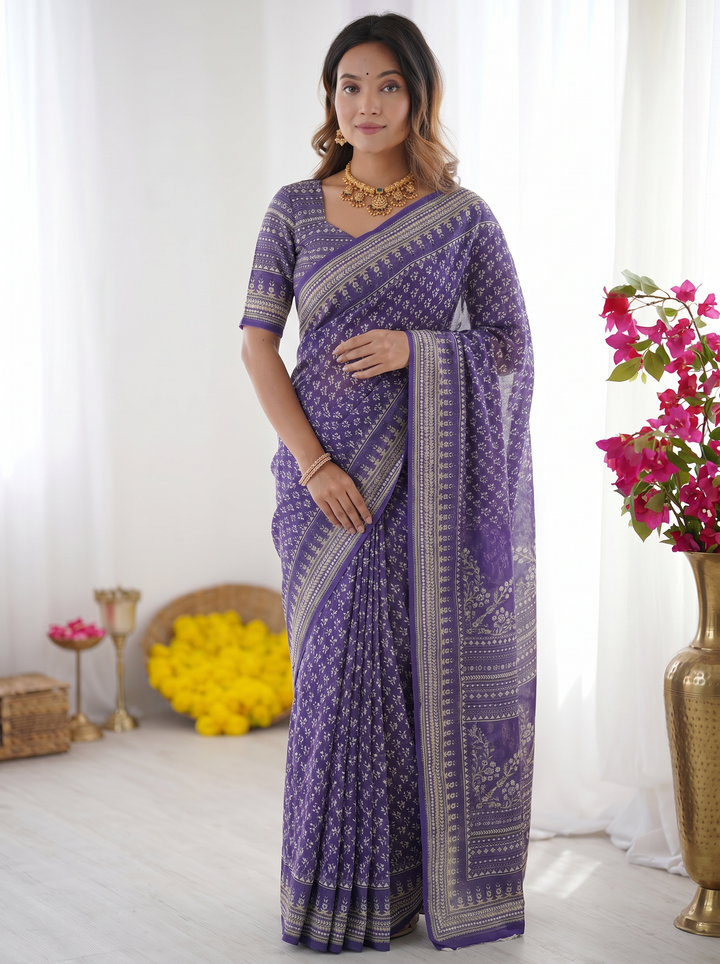 Ajrakh Chinnon Printed Saree with Tassel Detailing & Attached Blouse (No Mirror Work)