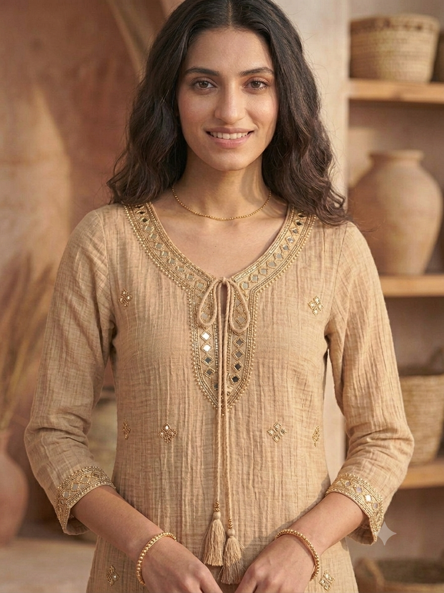 Handwork Necklace Neckline Crushed Organza Sharara Set in Salsa Beige