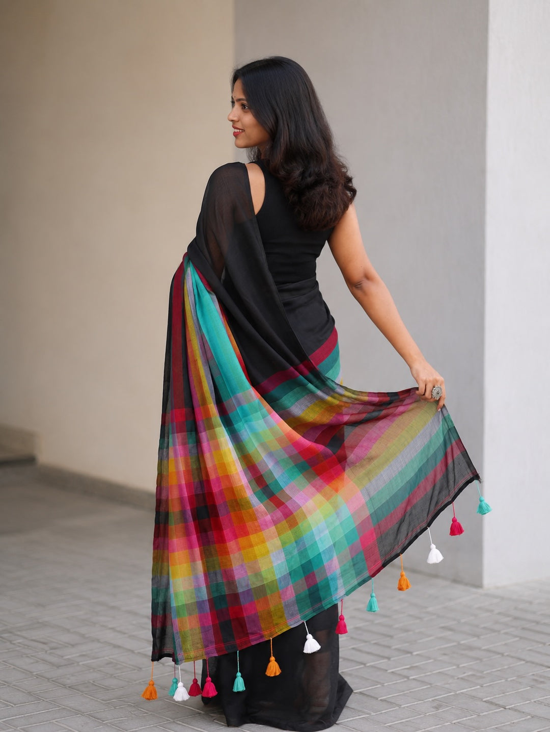 Black Mul Cotton Saree with Multicolour Striped Checkered Pallu, Tassel Edges & Attached Blouse Piece