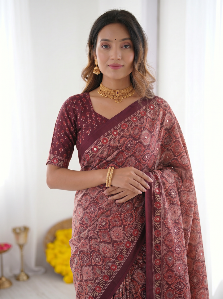 Ajrakh Chinnon Printed Saree with Tassel Detailing & Attached Blouse (No Mirror Work)