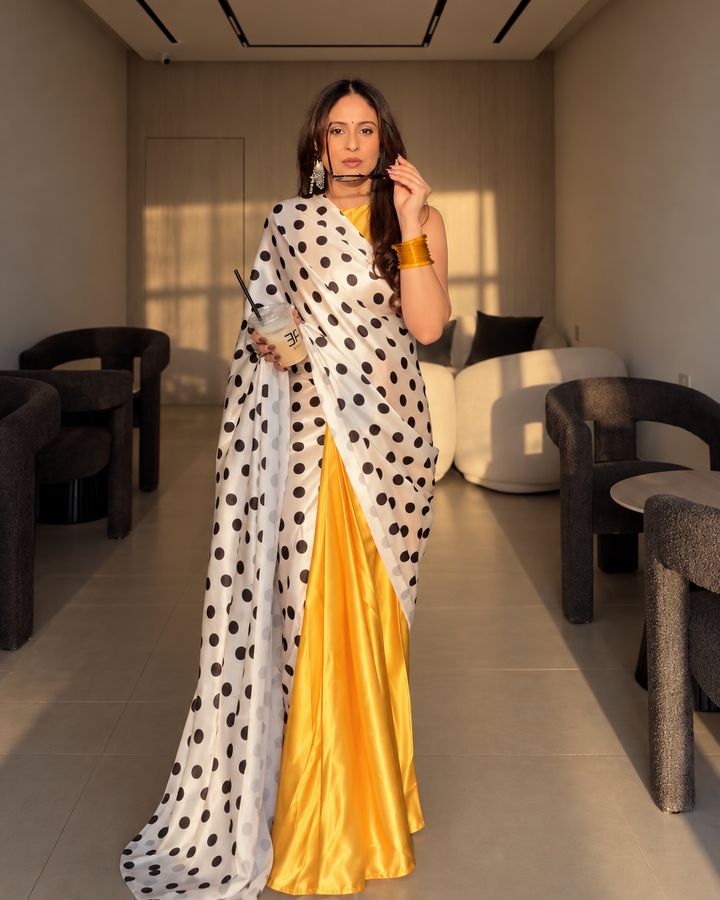 Ivory Black Polka Dot Satin Saree with Contrast Golden Draping & Attached Blouse Piece
