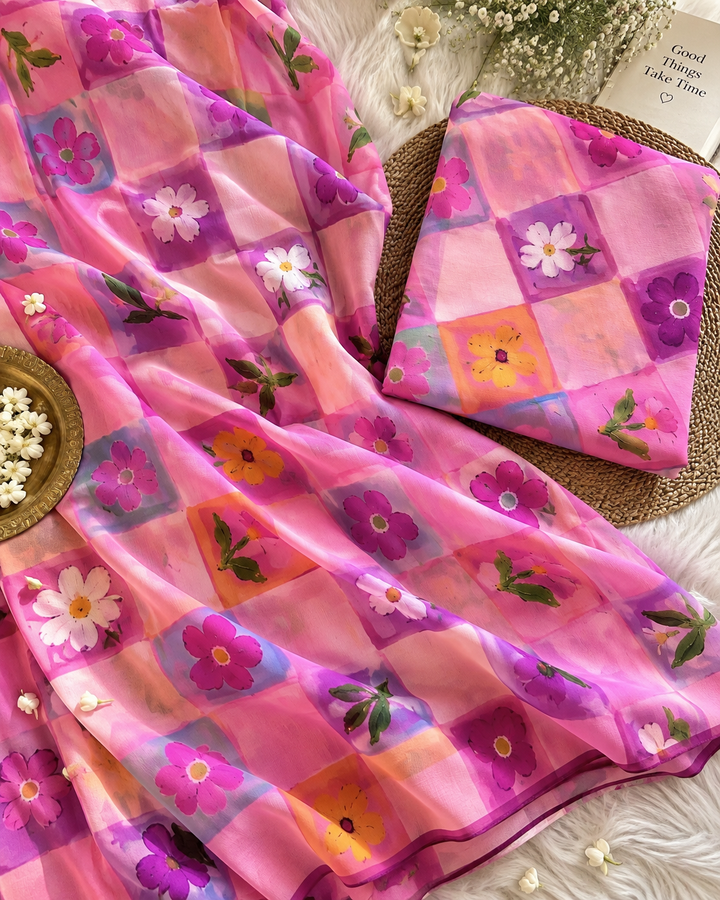 Blush Pink Chinnon Saree with Multicolour Floral Check Print & Attached Blouse Piece