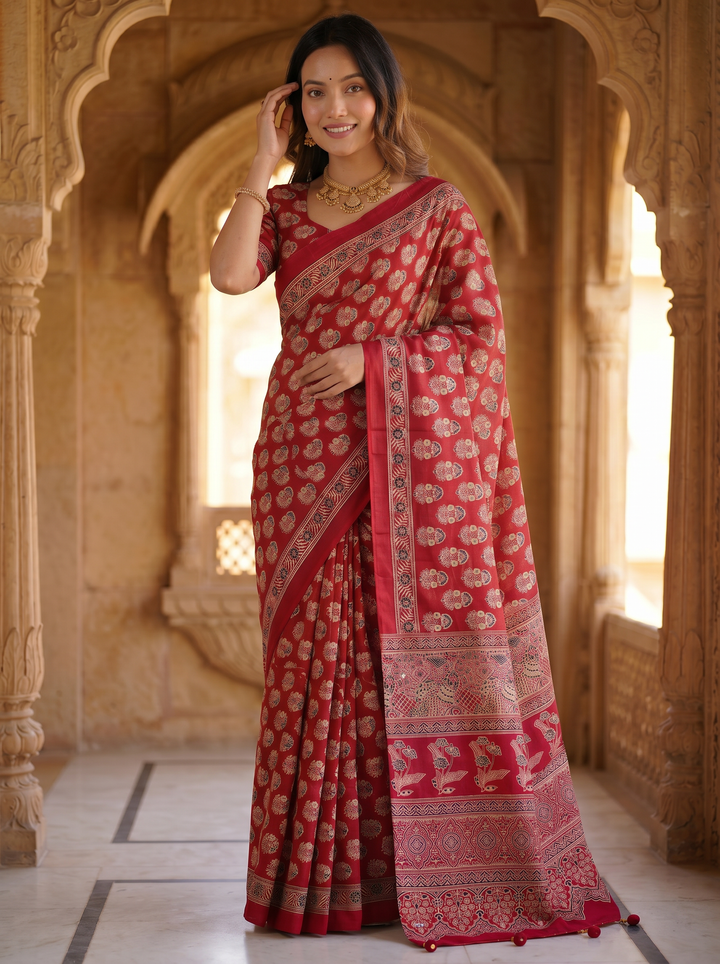 Ajrakh Chinnon Printed Saree with Tassel Detailing & Attached Blouse (No Mirror Work)
