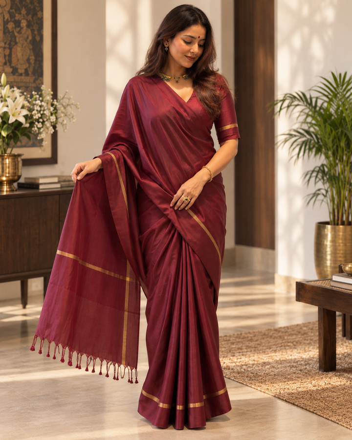 Royal Wine Pure Kanjivaram Silk Saree with Traditional Zari Weave & Attached Blouse Piece