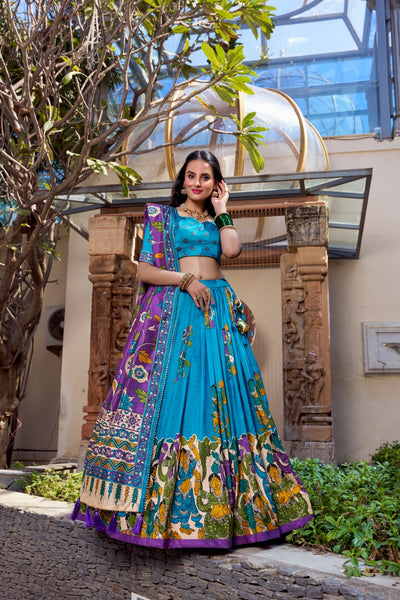 Teal Blue & Royal Purple Kalamkari Tussar Silk Lehenga Set – A Regal Statement of Heritage & Grandeur