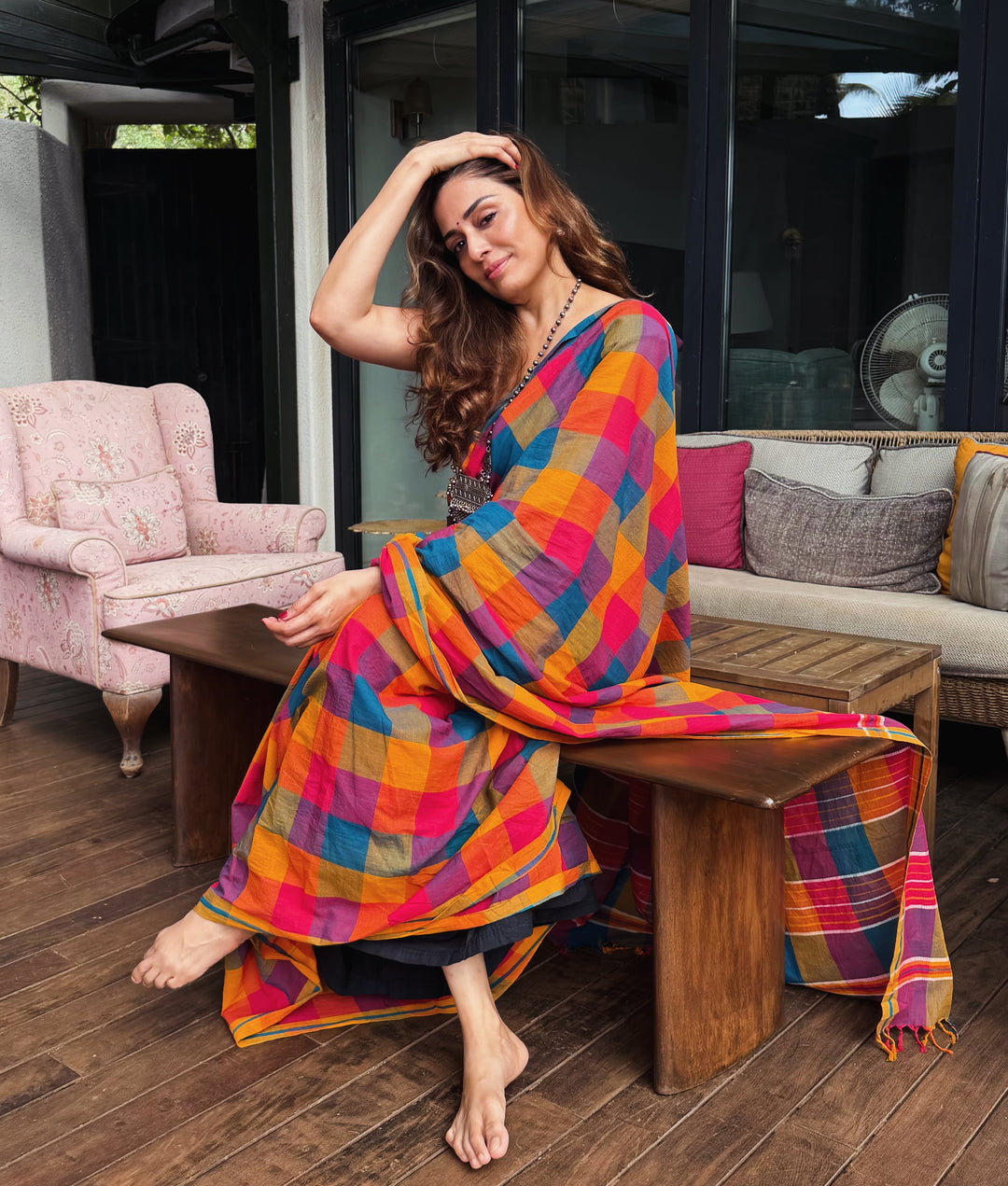 Vibrant Multicolour Madras Checkered Mul Cotton Saree with Tassels & Attached Blouse Piece