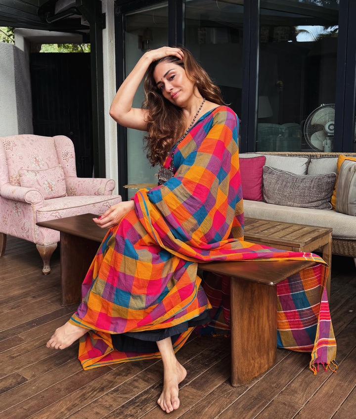 Vibrant Multicolour Madras Checkered Mul Cotton Saree with Tassels & Attached Blouse Piece
