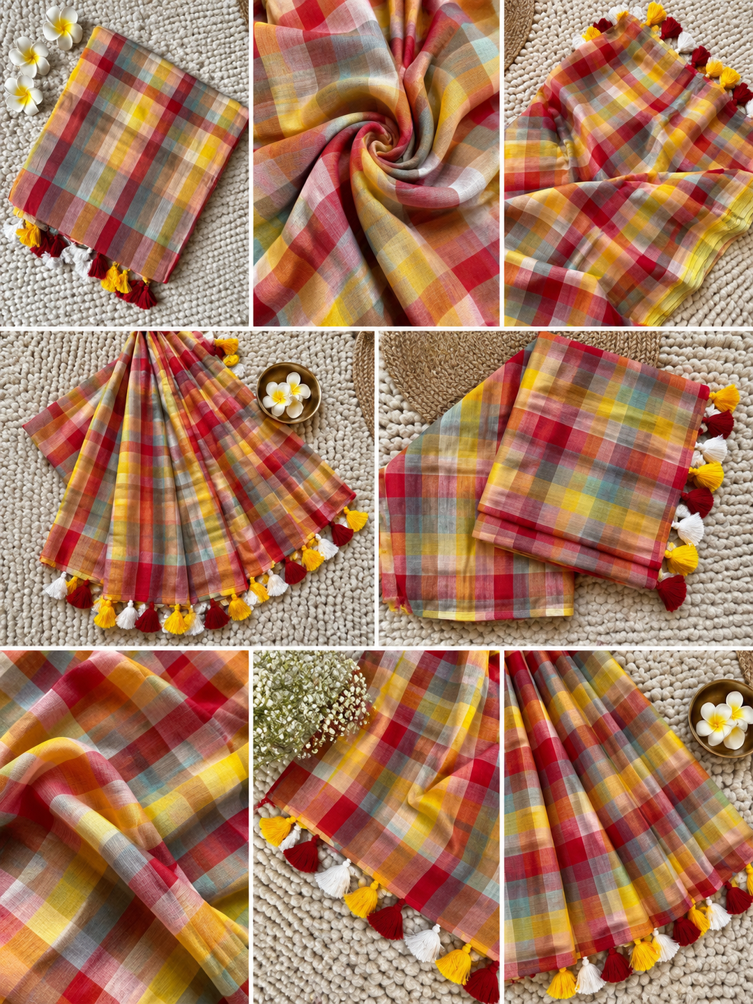 Red & Yellow Multicolour Madras Checkered Mul Cotton Saree with Tassels & Attached Blouse Piece