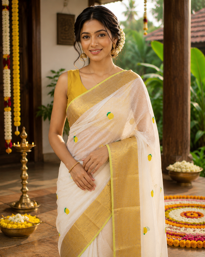 Onam Special White Mul Cotton Saree with Golden Zari Border & Tassels | Traditional Kerala Kasavu Style Saree with Running Blouse